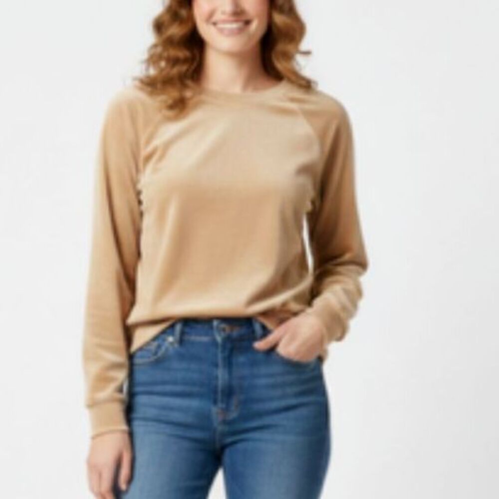 Magaschoni Women's Beige Tan Velour Crewneck Long Sleeve Top Size L